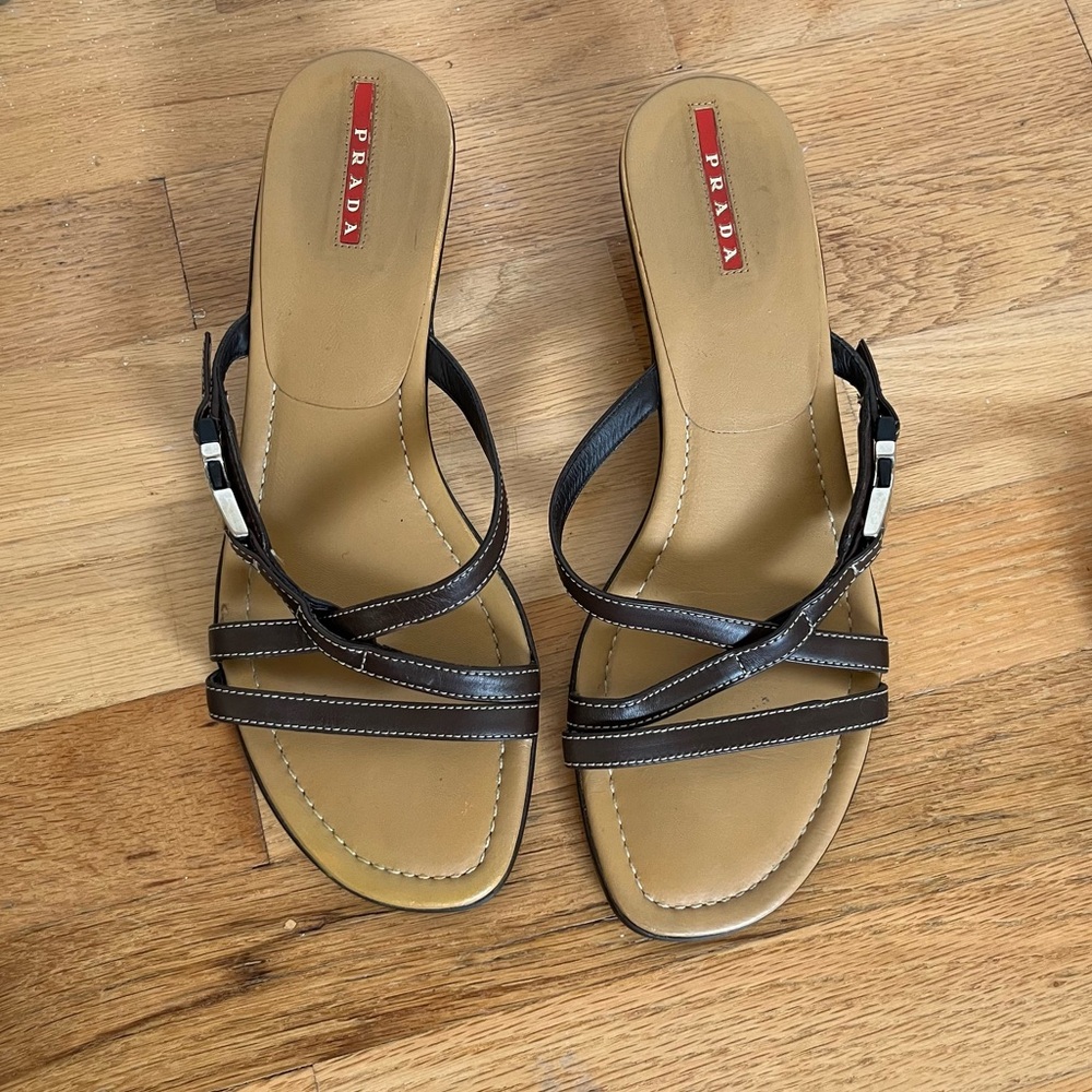 Prada brown & silver buckle kitten heels
